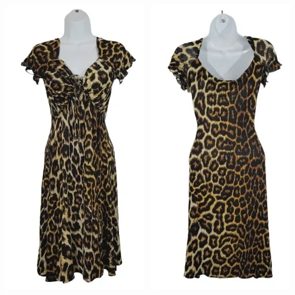 Just Cavalli Brown and Tan A-line Midi Dress with Flutter Sleeves - Picture 2 of 8